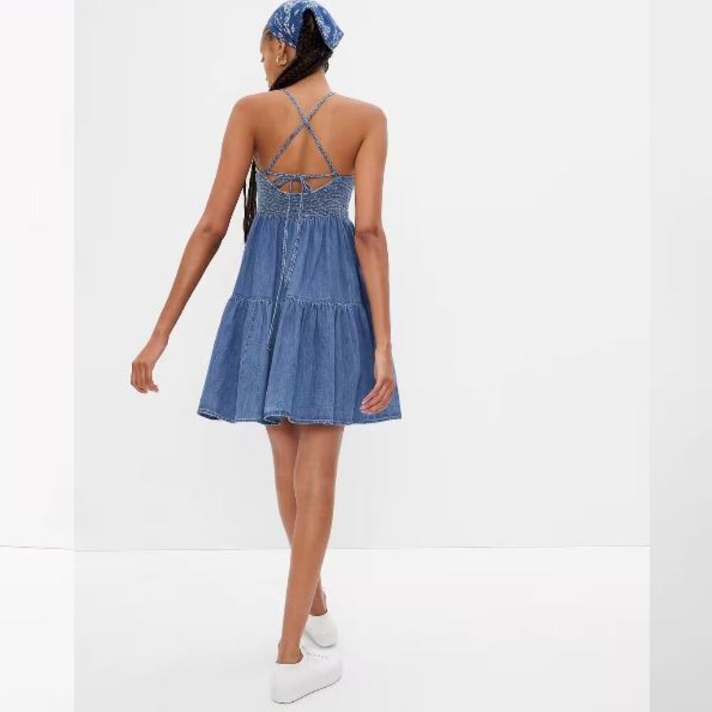 GAP Denim Blue Smocked Tiered Mini Dress